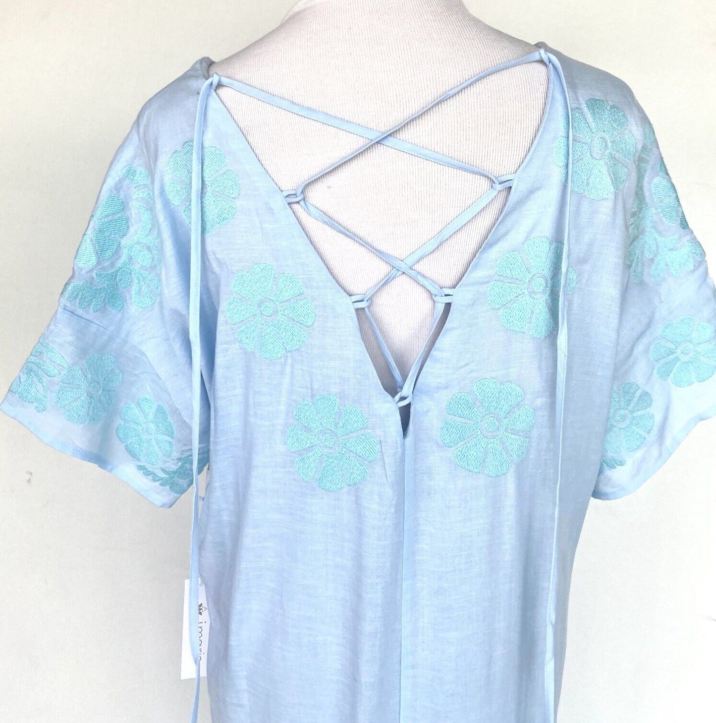 NWT J Marie embroidered Blue Linen mix Kaftan Dress M Retail $136 Price $68