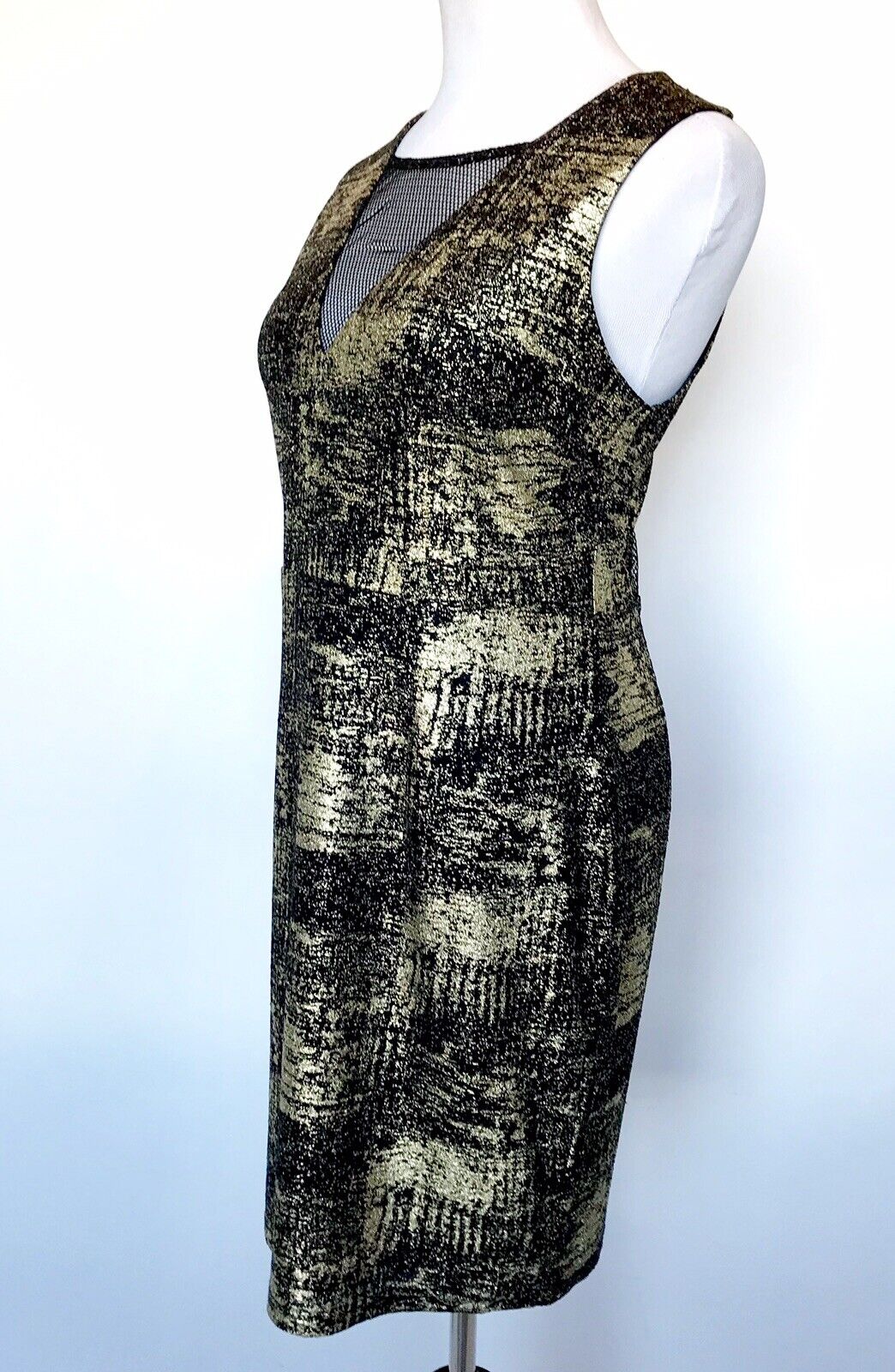 Melloday Gold And Black Mesh Cutout Stretch Dress Size Large. Price $44. NWT