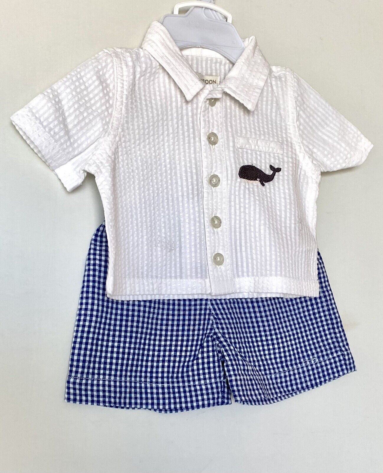 Monsoon London Seersucker Whale White Shirt & Shorts Set 0-3 M Price $32