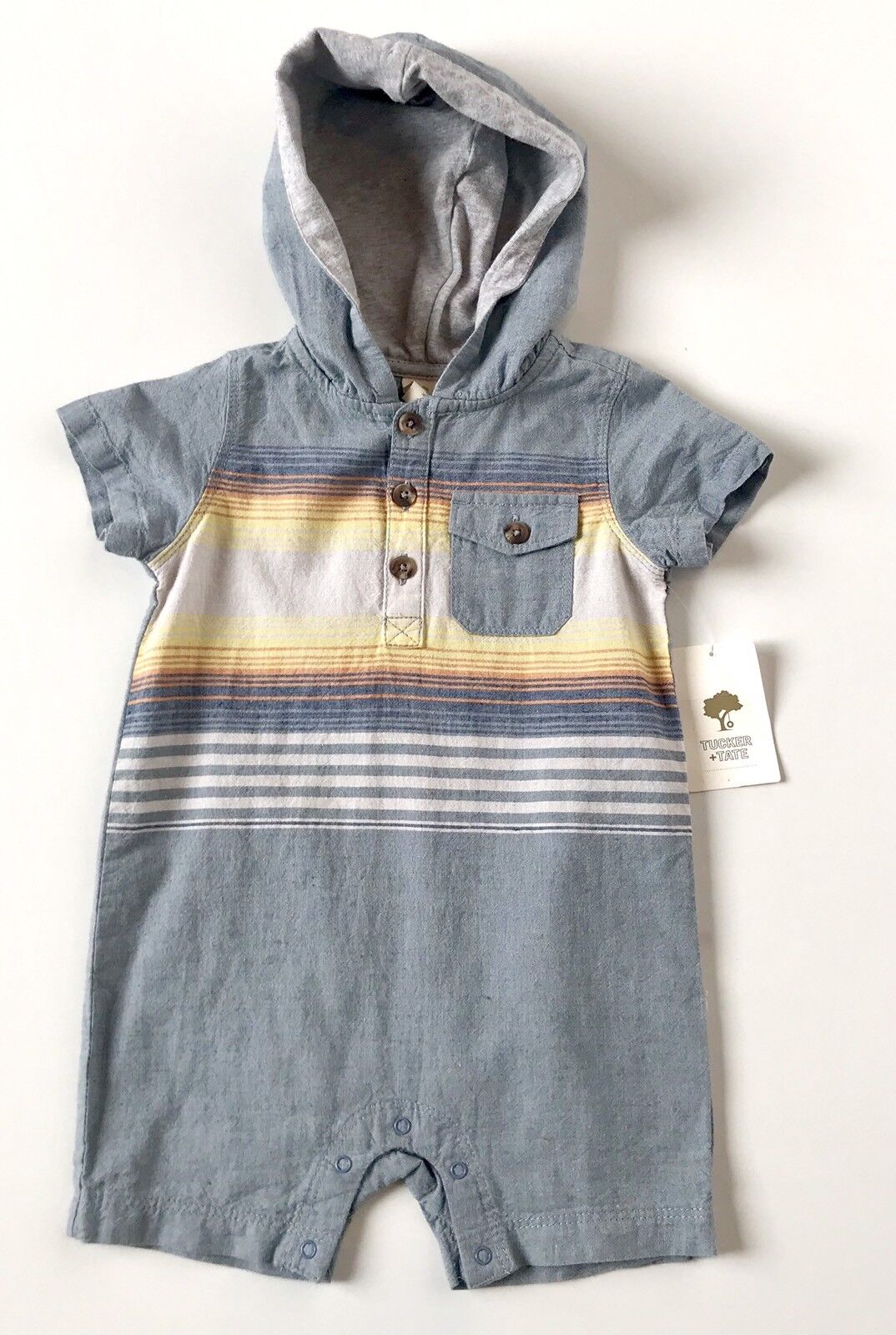 Tucker + Tate Linen Mix Chambray Hooded Romper.NWT Retails $39 Age 6 M