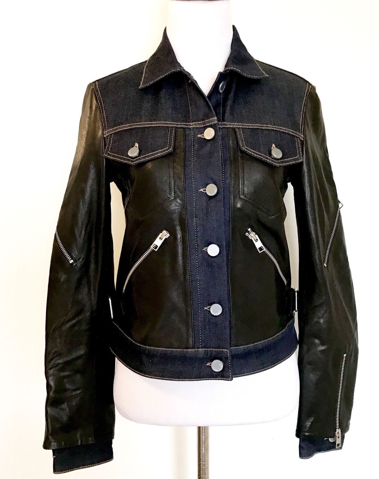 AllSaints Curtis Denim & Leather Biker Jacket NWT Retail $725 Price $395 Size 6