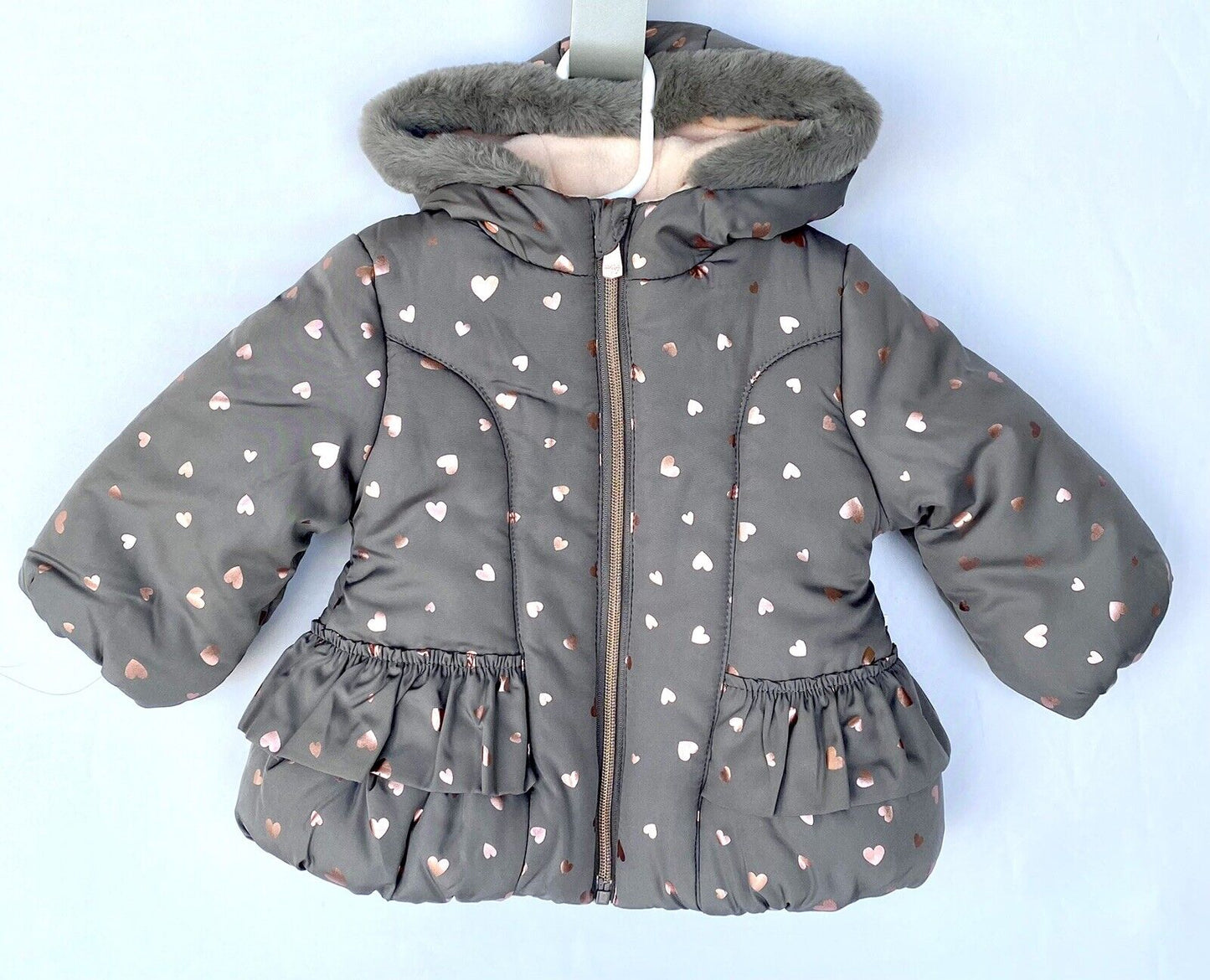 KENSIE Girl Ruffle Waist Grey Coat 12M RETAILS $65 Price $39 Pink Metallic Heart