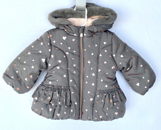 KENSIE Girl Ruffle Waist Grey Coat 12M RETAILS $65 Price $39 Pink Metallic Heart