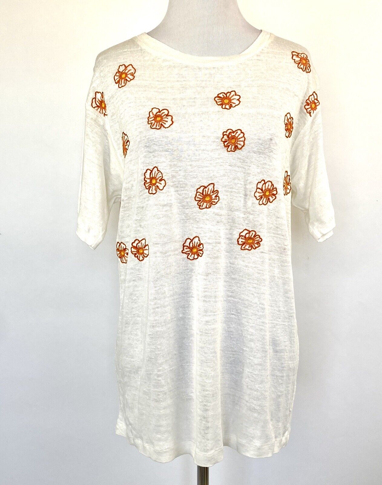 BannerDay Ivory Linen Embroidered T-Shirt Top S (2) Retail $172 Price $45 NWT
