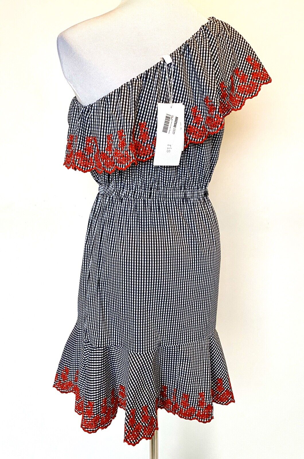 Lucy Paris Embroidered Gingham One Shoulder Dress Retail $88 Price $24 NWT Small