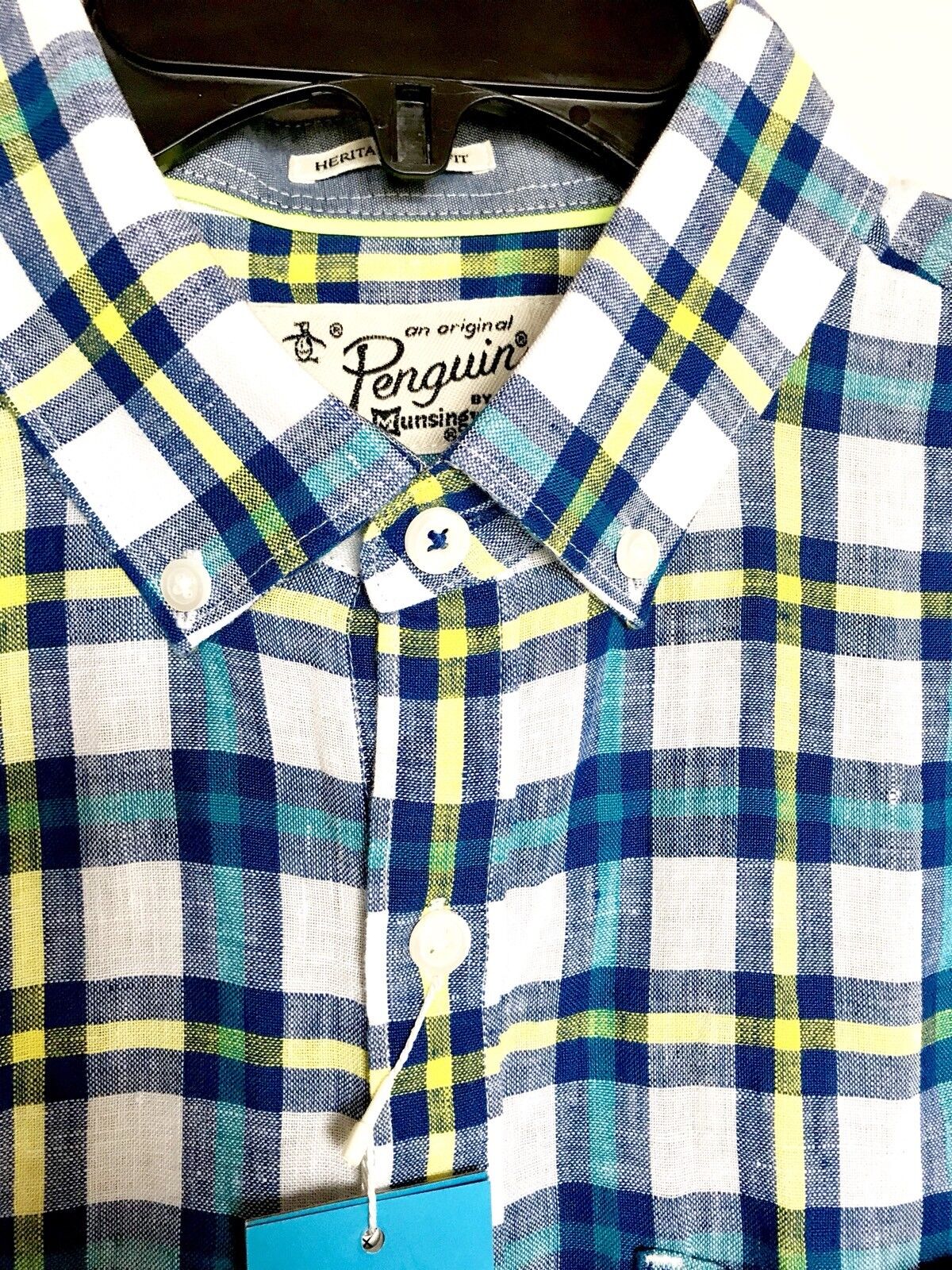 NWT Penguin Mens Sz Small Slim Fit SS Shirt Retail $79 Price $45 Plaid Linen
