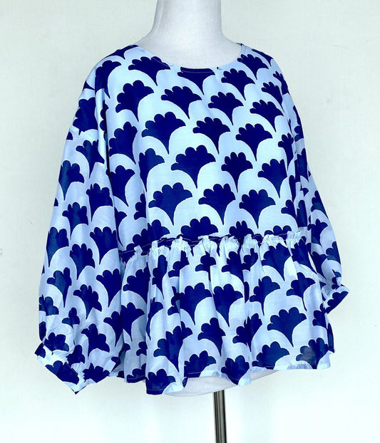 J Marie Pippa LS Ruffle Top size XS Blue Fan Retail $92 Price $49