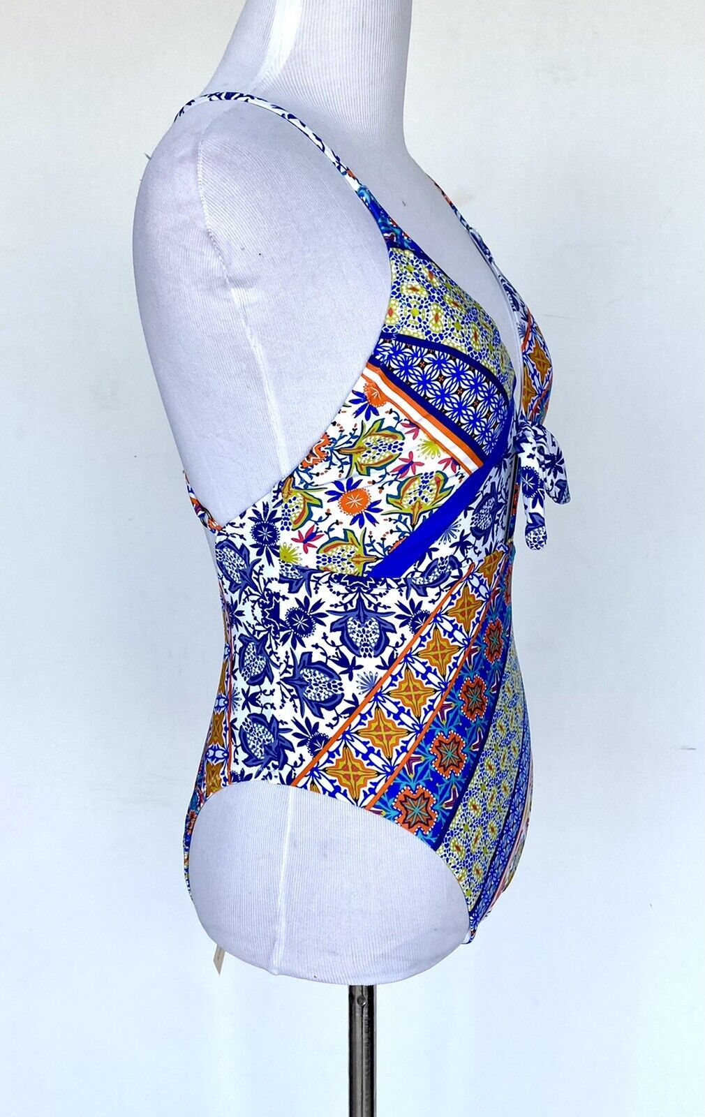 Nanette Lepore Patchwork Goddess Plunge Swimsuit NWT Sz 2 Retail $142 Price $49