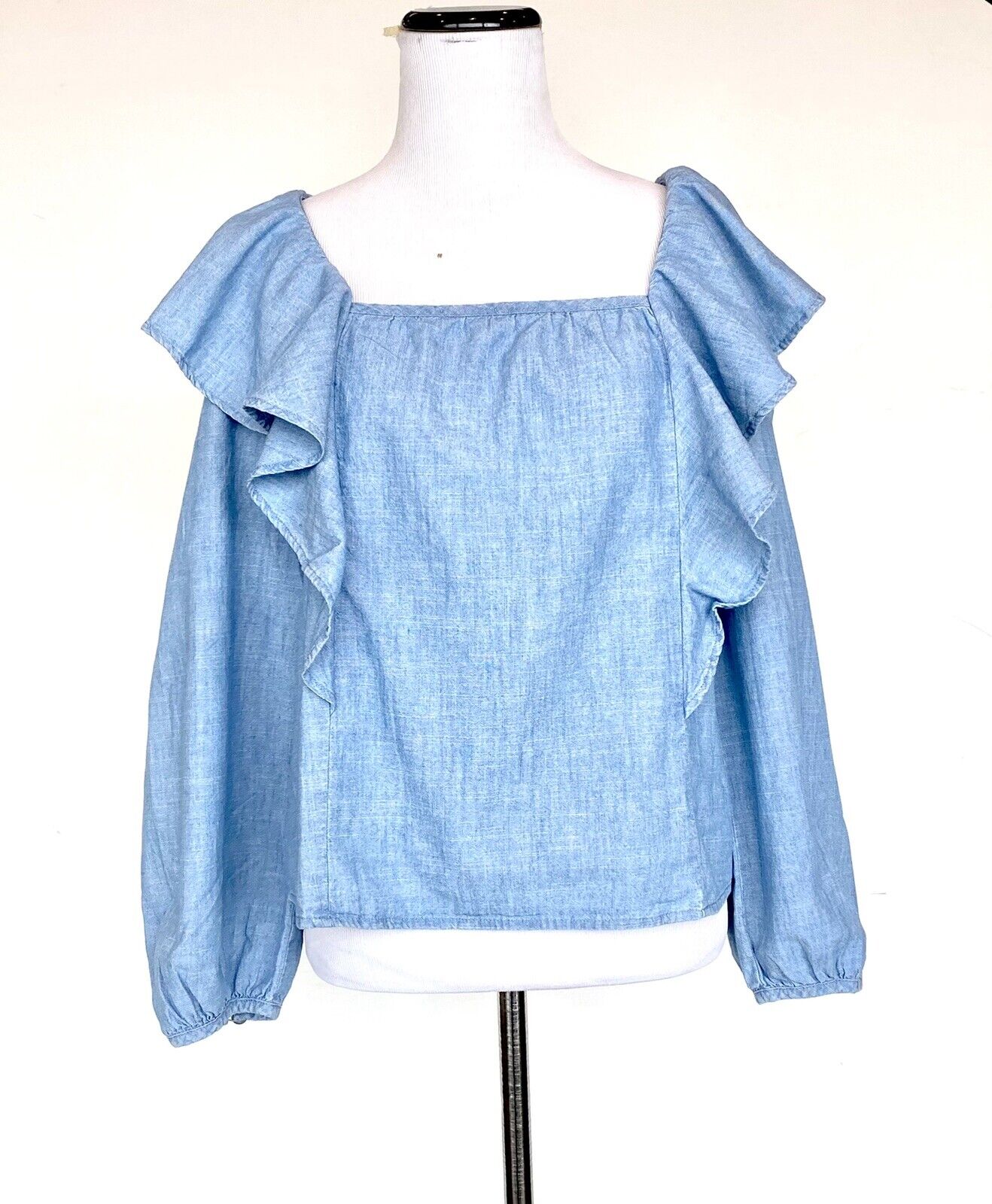 J Crew Chambray Ruffle Square Neck Retail $79.50 Price $45 Size XS