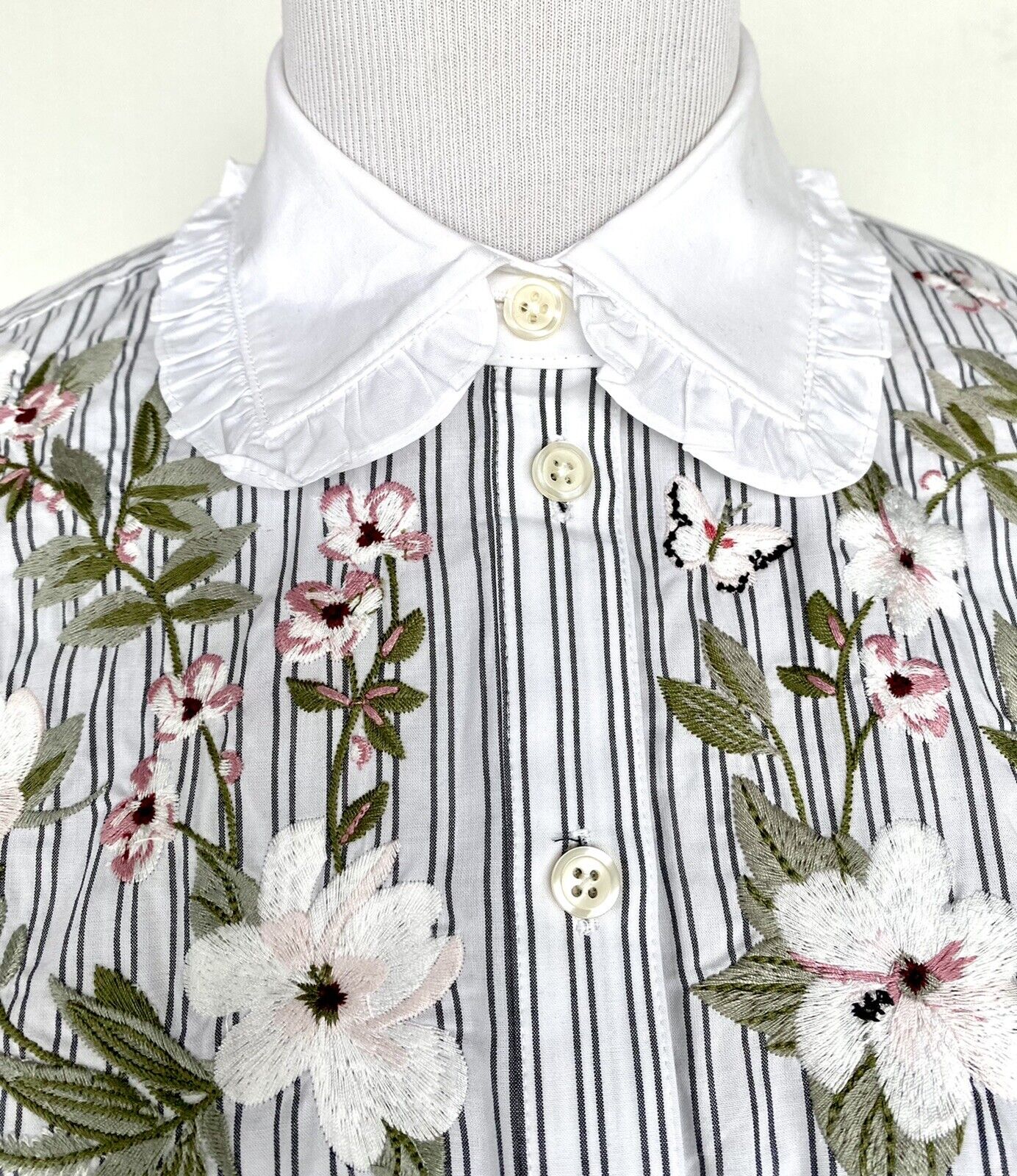 Kate Spade Embroidered Stripe Ruffle Shirt Retail $168 Price $69 Size XS NWT