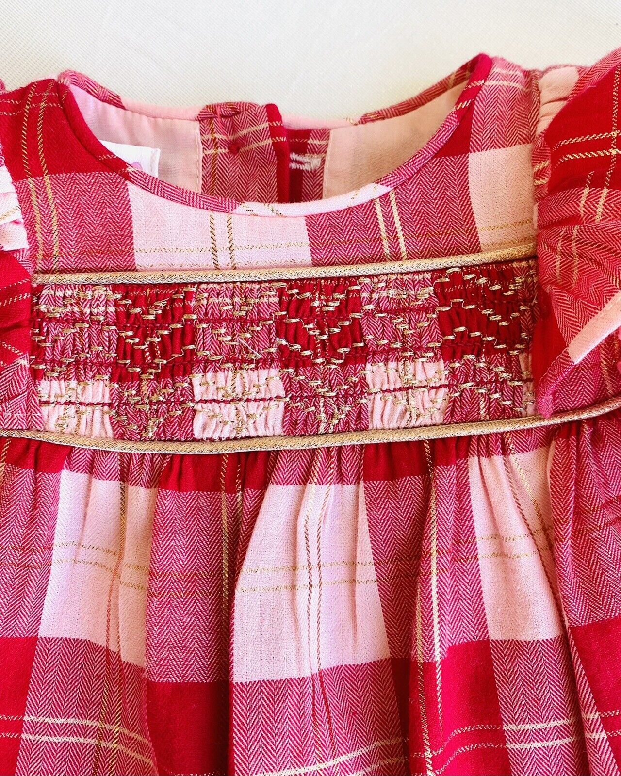 Bonnie Baby Red Gold Check Smocked 2 Pc Dress & Panties 0-3M Price $24