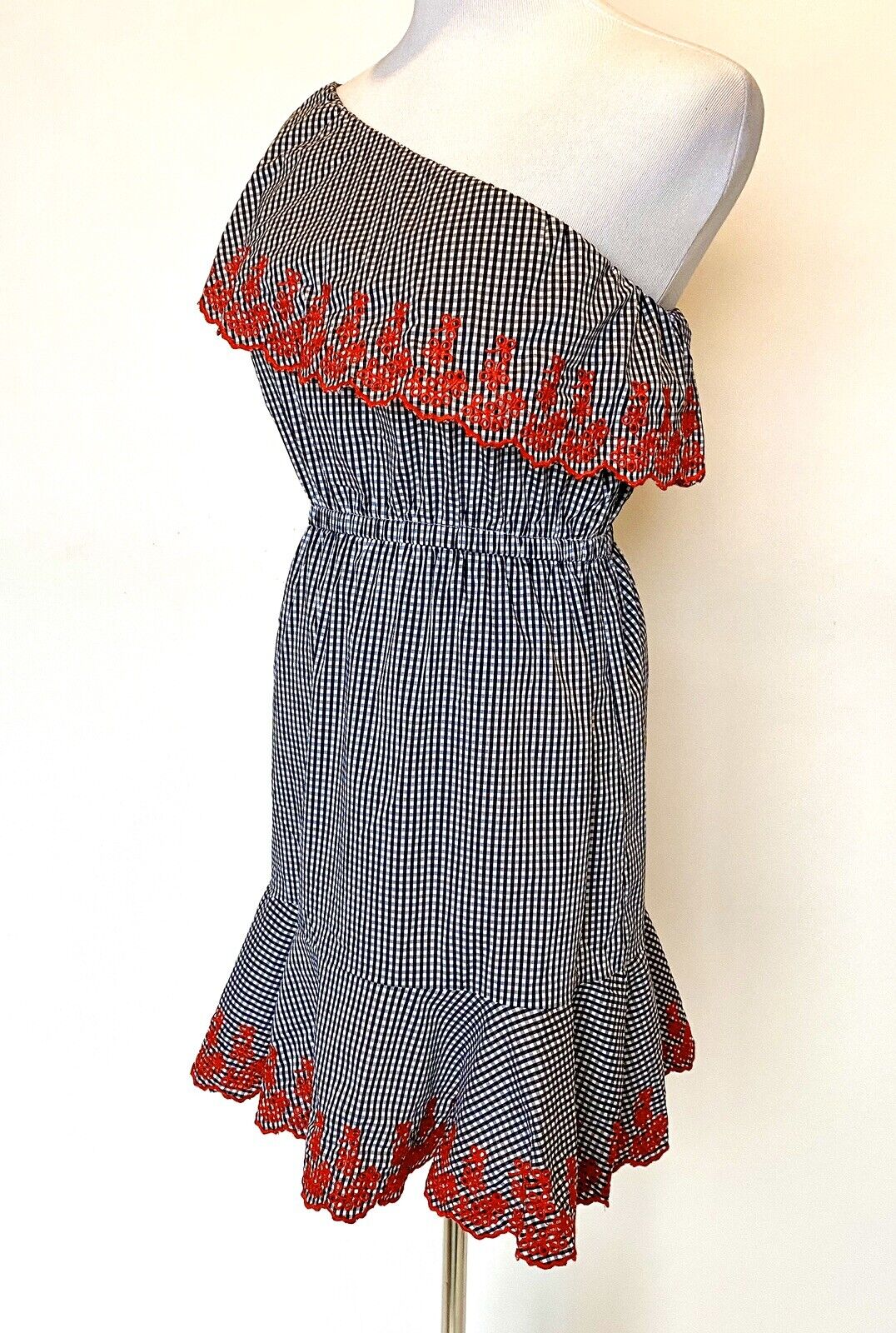 Lucy Paris Embroidered Gingham One Shoulder Dress Retail $88 Price $24 NWT Small