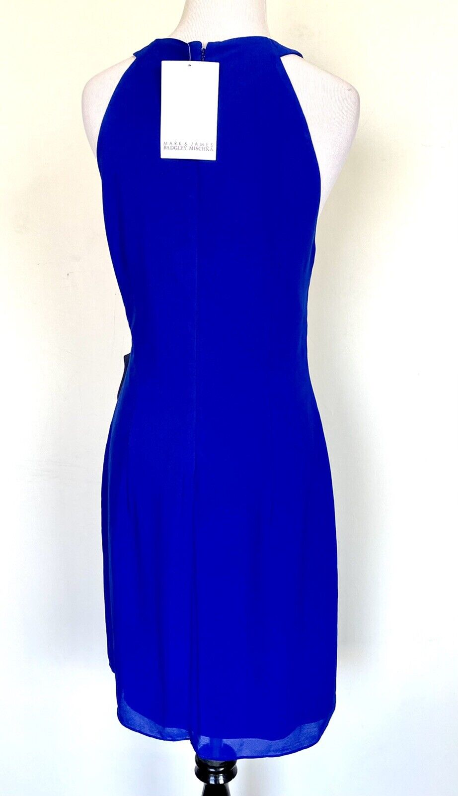 Badgley Mischka cobalt Blue drape neck dress. Retails $365 Price $98 NWT Size 10