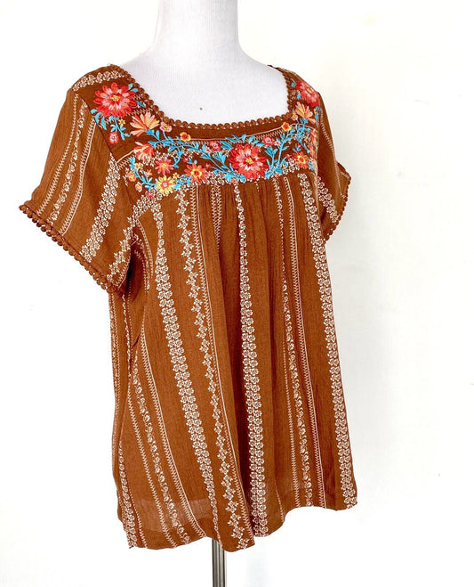 Savanna Jane tan brown embroidered top Retail $65 Price $39 Size S