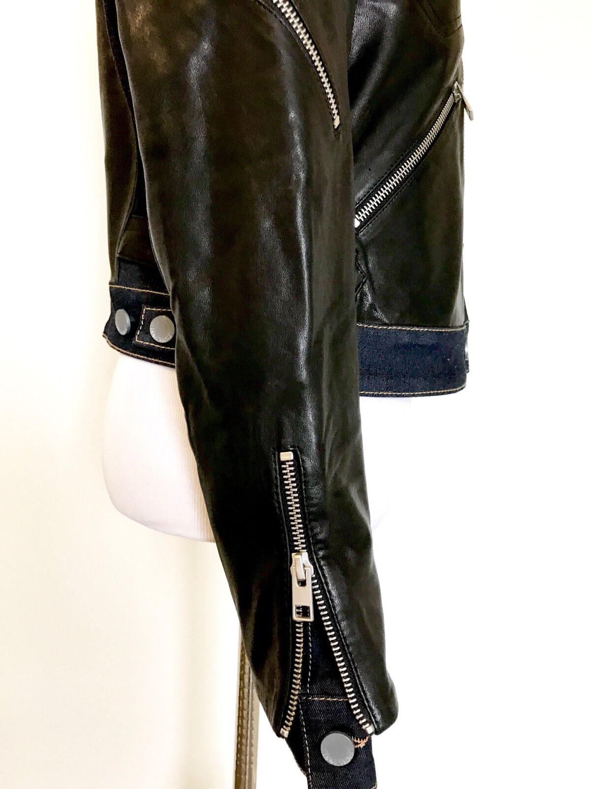 AllSaints Curtis Denim & Leather Biker Jacket NWT Retail $725 Price $395 Size 6