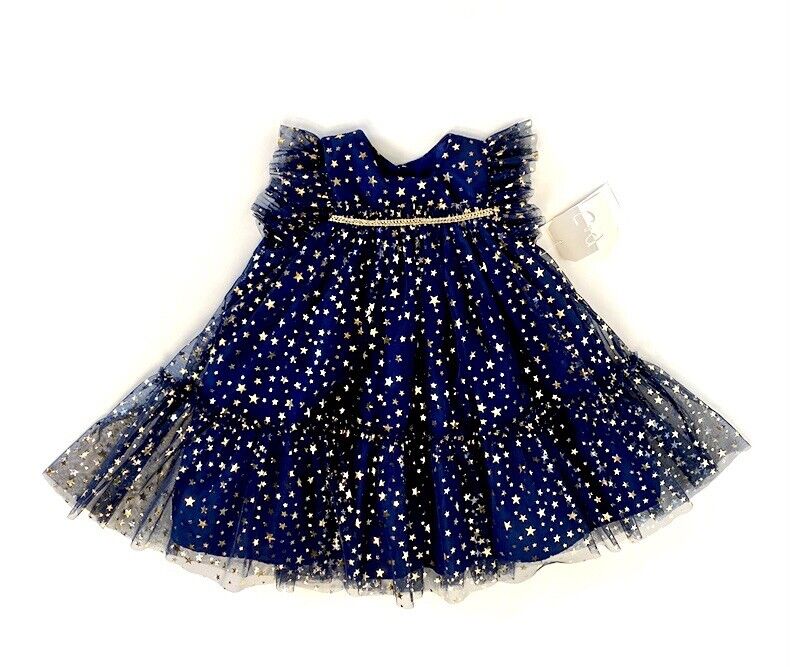 Pippa & Julie Blue & Gold Star Net Dress & Panties Retail $50 Price $39 18M NWT