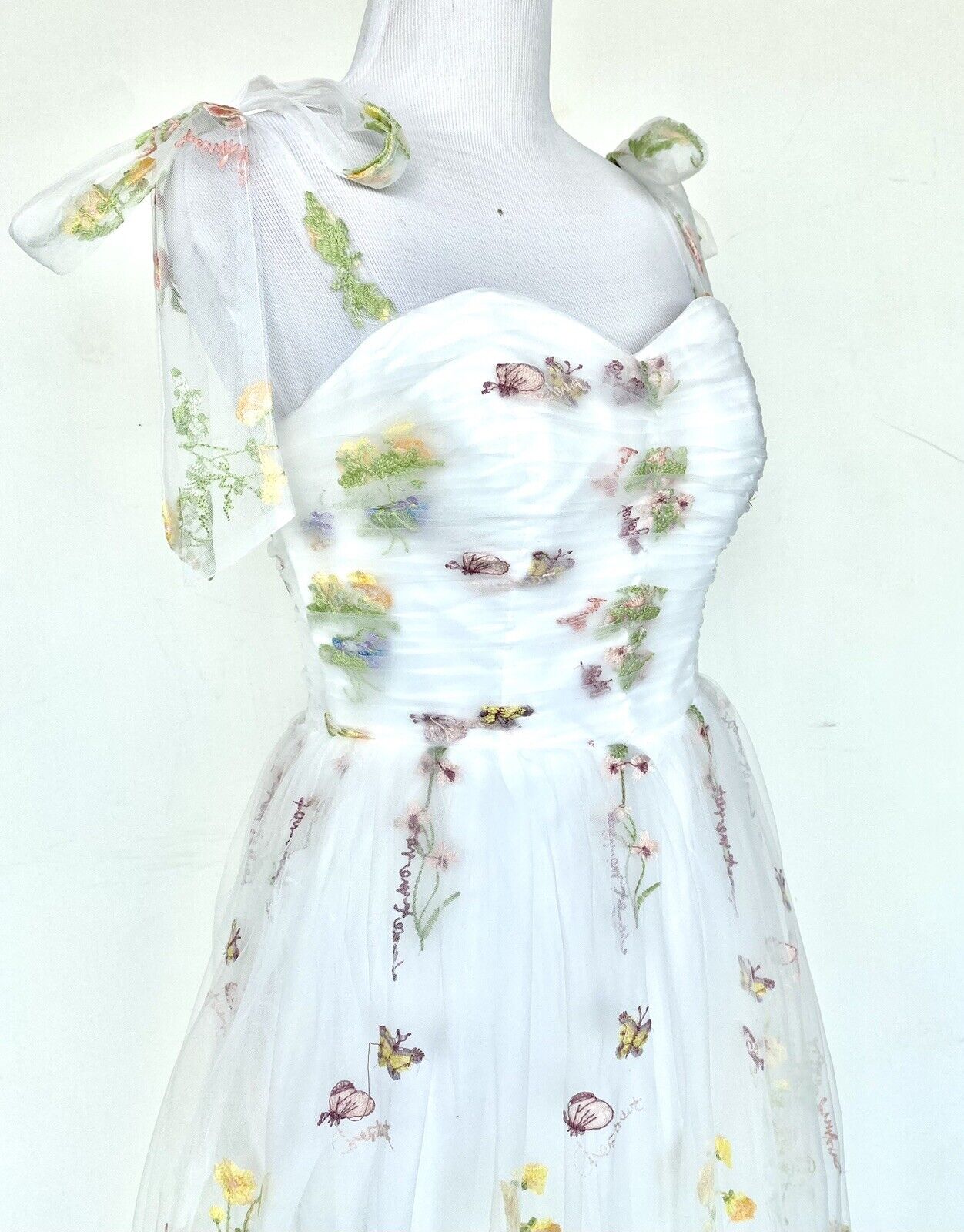 White Net embroidered Ruched Bodice With Lace Up Back size 4 price $130