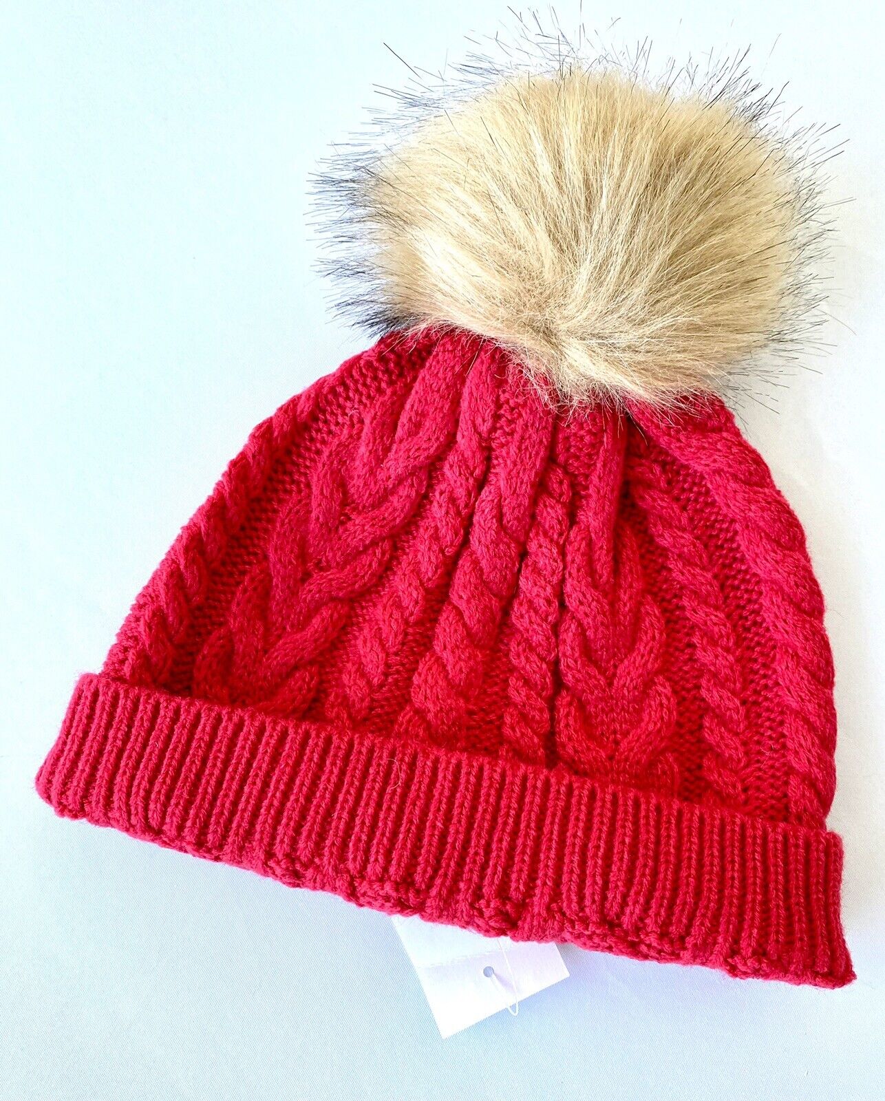 J Crew Black Red Knit Pom Pom Faux Fur Hat Retails $49.50 Price $28.50 NEW