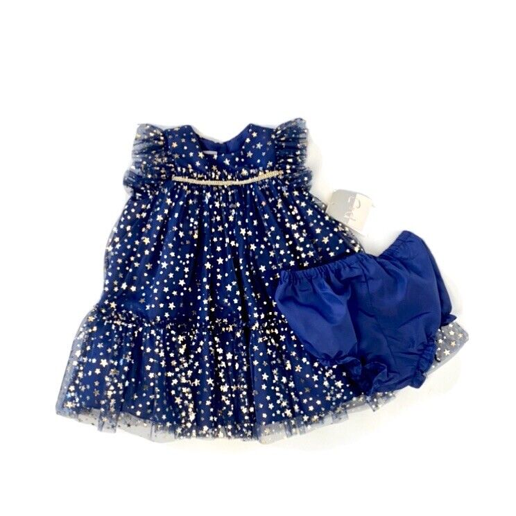 Pippa & Julie Blue & Gold Star Net Dress & Panties Retail $50 Price $39 18M NWT