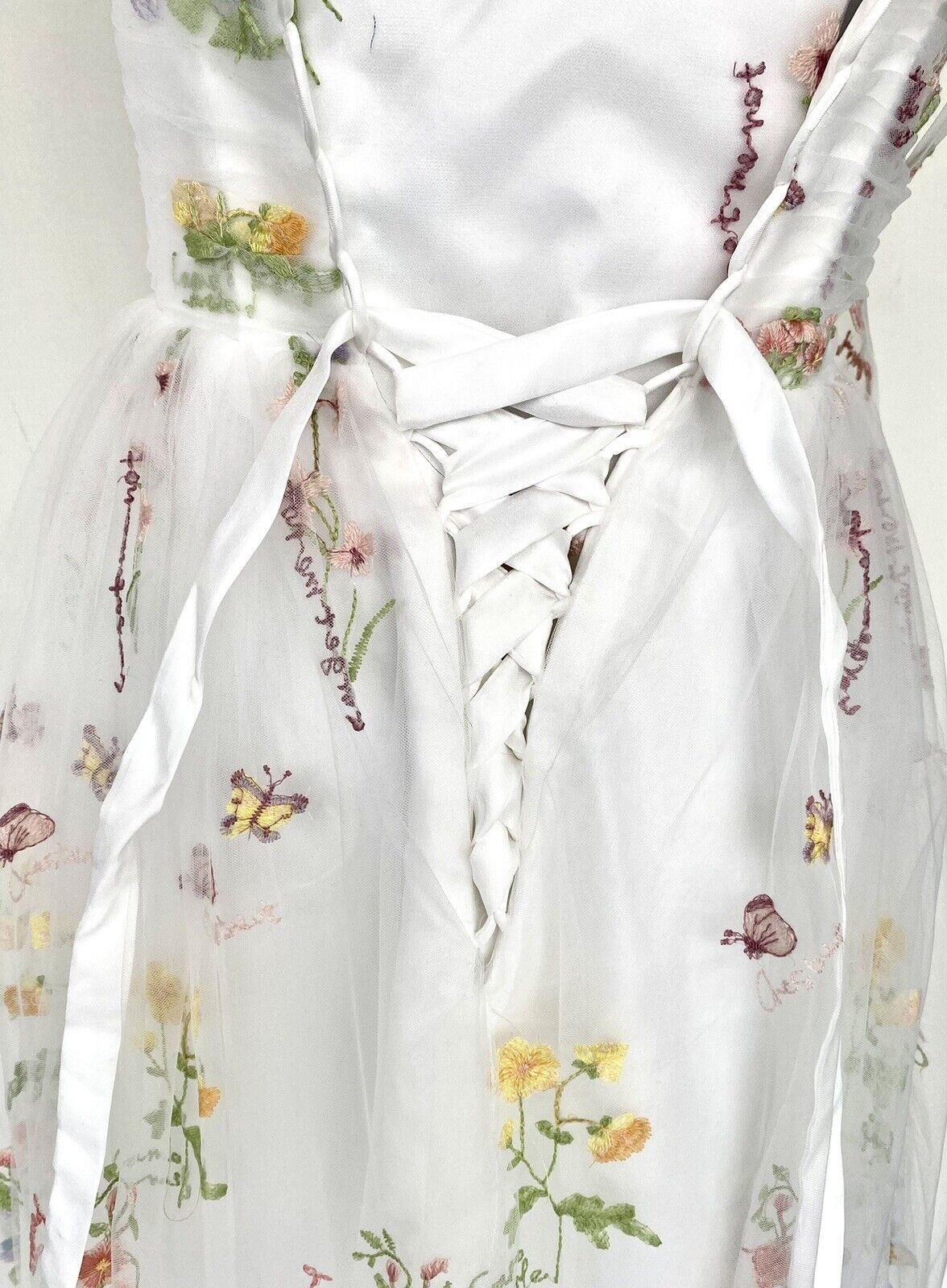 White Net embroidered Ruched Bodice With Lace Up Back size 4 price $130