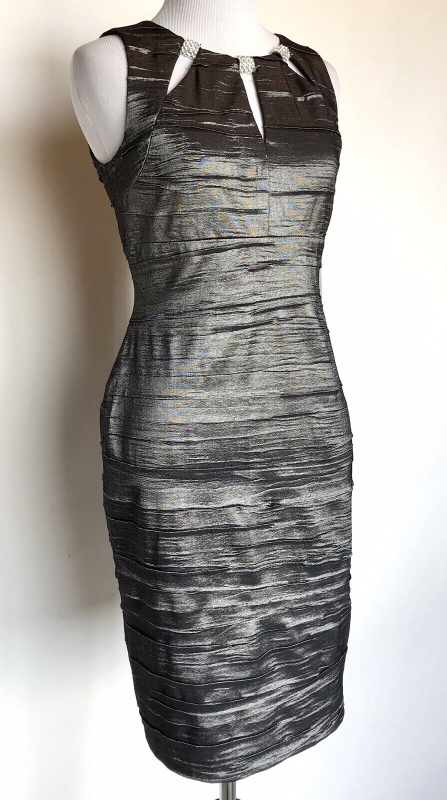 Adrianna Papell Cutout Diamanté Silver Dress NWT Size 2P Retail $148 Price $79