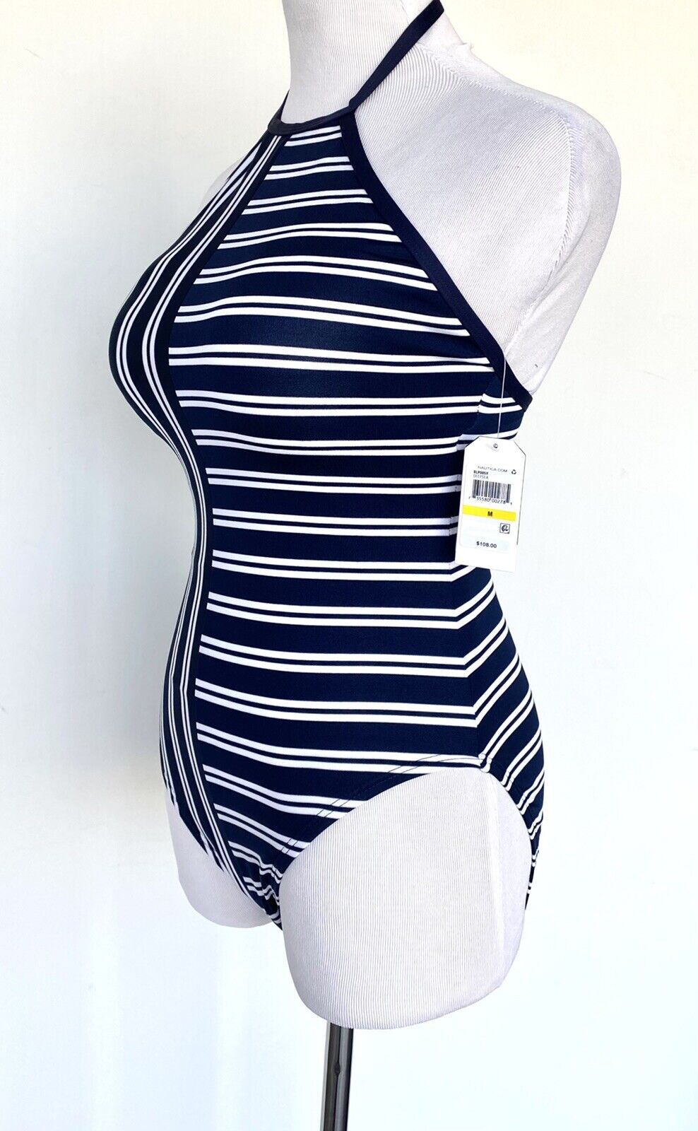 Nautical swimsuit stripe navy white Retails $108 Price $54 Size M Halter Neck