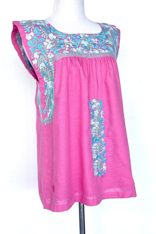 J Marie embroidered Linen Hannah Top size XS Retail $102 Price $56 Blue Pink