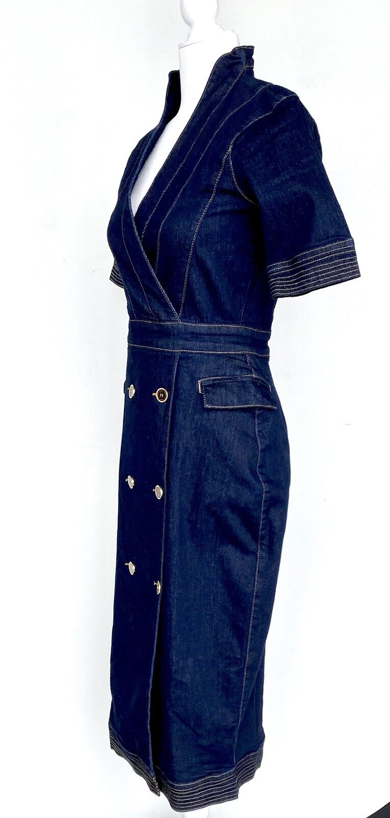 Karen Millen Gold Button Stretch Denim Pencil dress US 2 Retail $232 Price $169