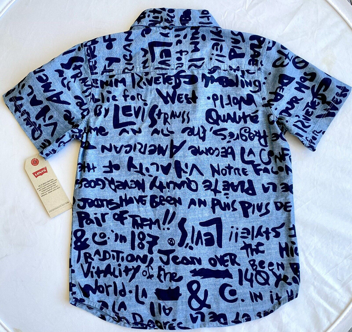 Levi’s boys shirt blue script short sleeve Cotton Retail $36 Price $24 Age 6-7 Y