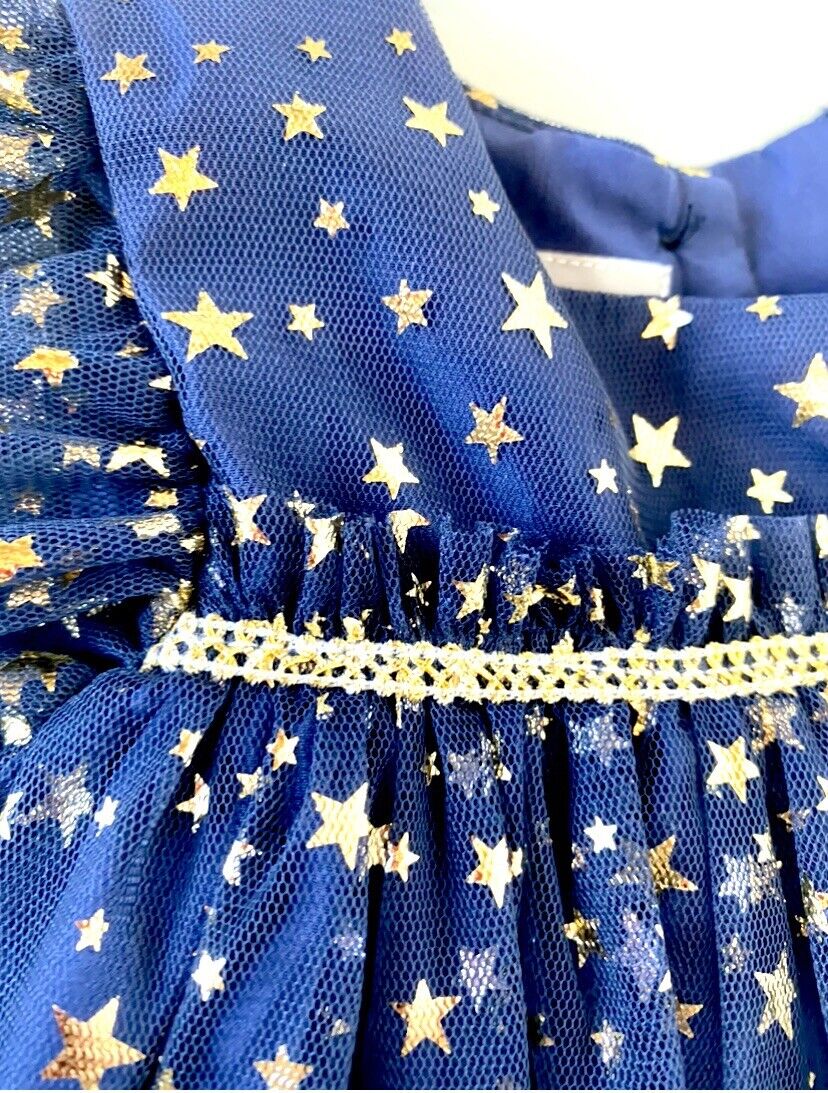 Pippa & Julie Blue & Gold Star Net Dress & Panties Retail $50 Price $39 18M NWT