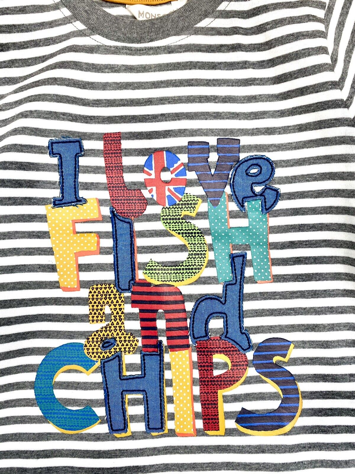 Monsoon London fish & chips kids tee Appliqué Embroidery 2-3 Y Stripe Price $25