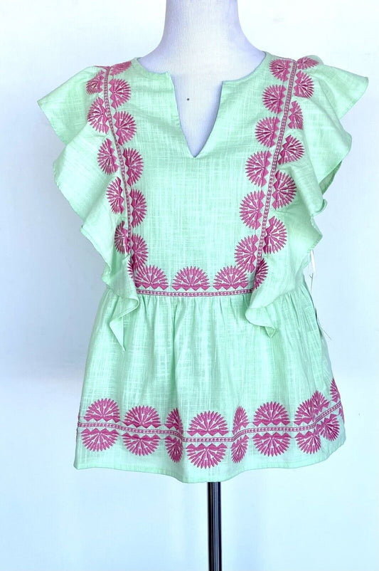 NWT J Marie embroidered Raya Top size XS Retail $106 Price $54 pale green pink
