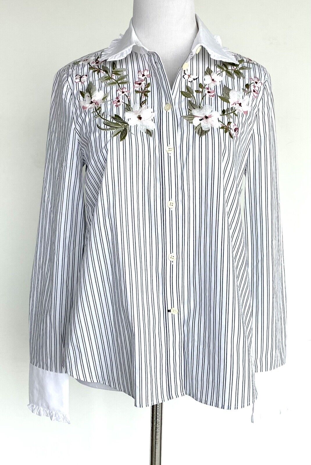 Kate Spade Embroidered Stripe Ruffle Shirt Retail $168 Price $69 Size XS NWT