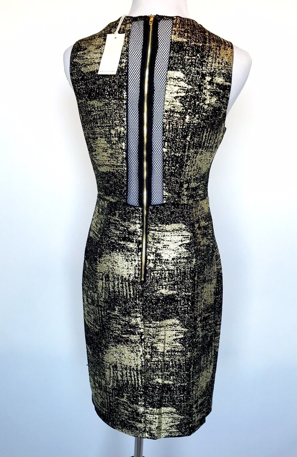 Melloday Gold And Black Mesh Cutout Stretch Dress Size Large. Price $44. NWT