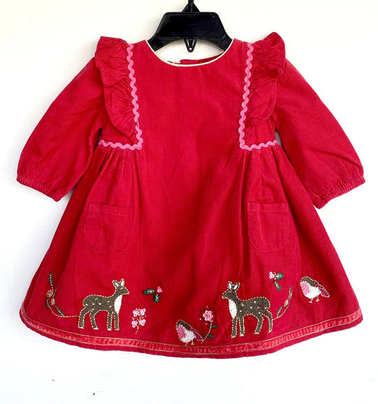 Monsoon London Cord Embroidered Dress 3-6M Appliqué Bird Deer Price $40