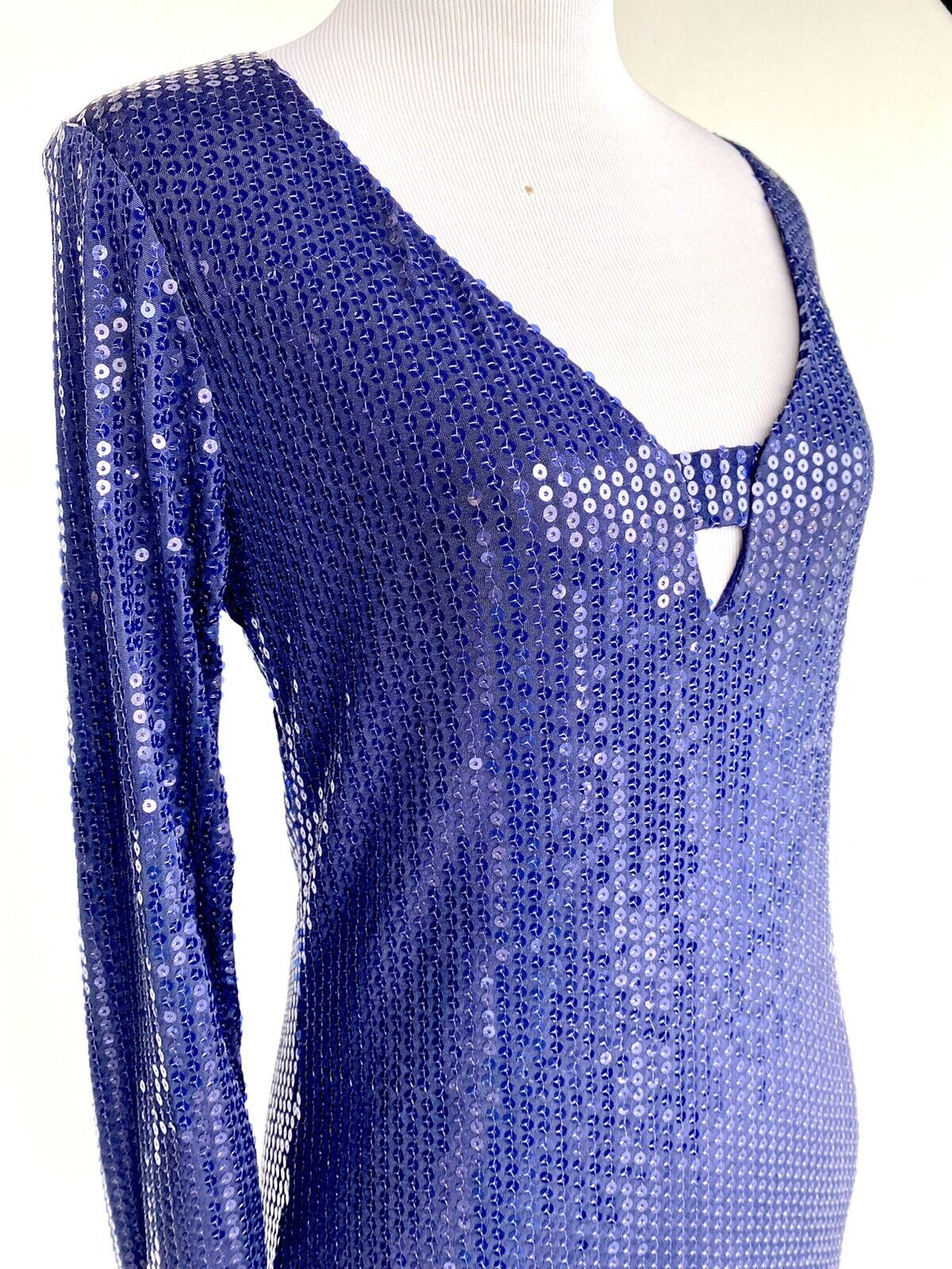Aqua Navy Sequin V Neck Long Sleev Dress S Retail $138 Price $49