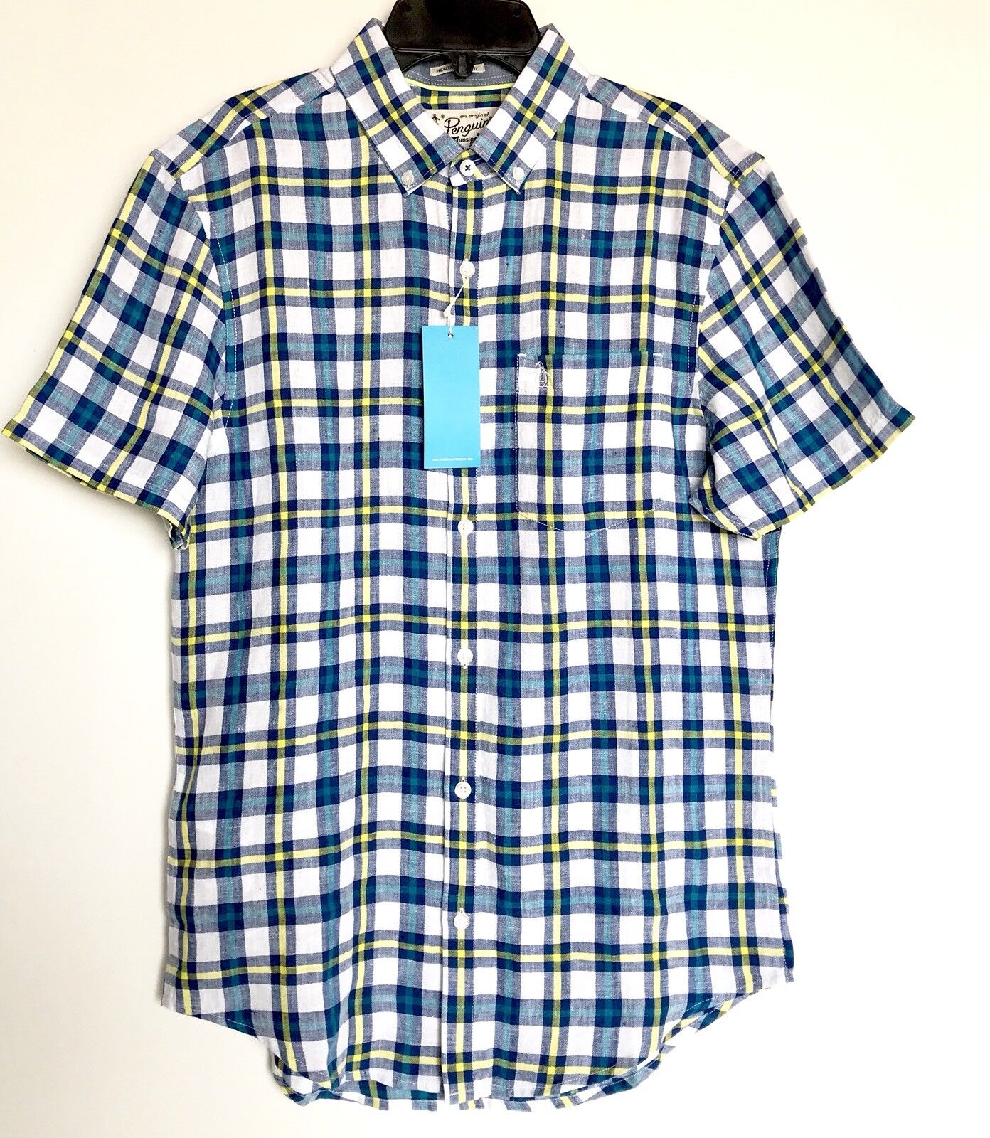 NWT Penguin Mens Sz Small Slim Fit SS Shirt Retail $79 Price $45 Plaid Linen