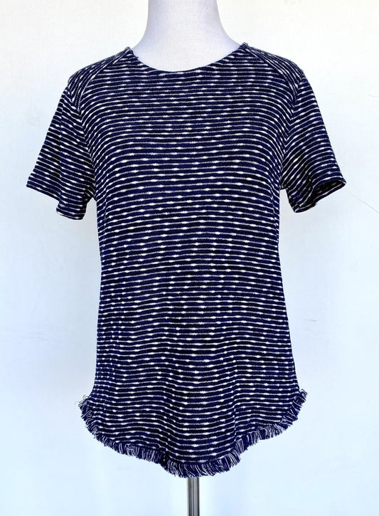 Emelia Navy white raw fringe hem Short sleeve knit top Price $38 XS NWT