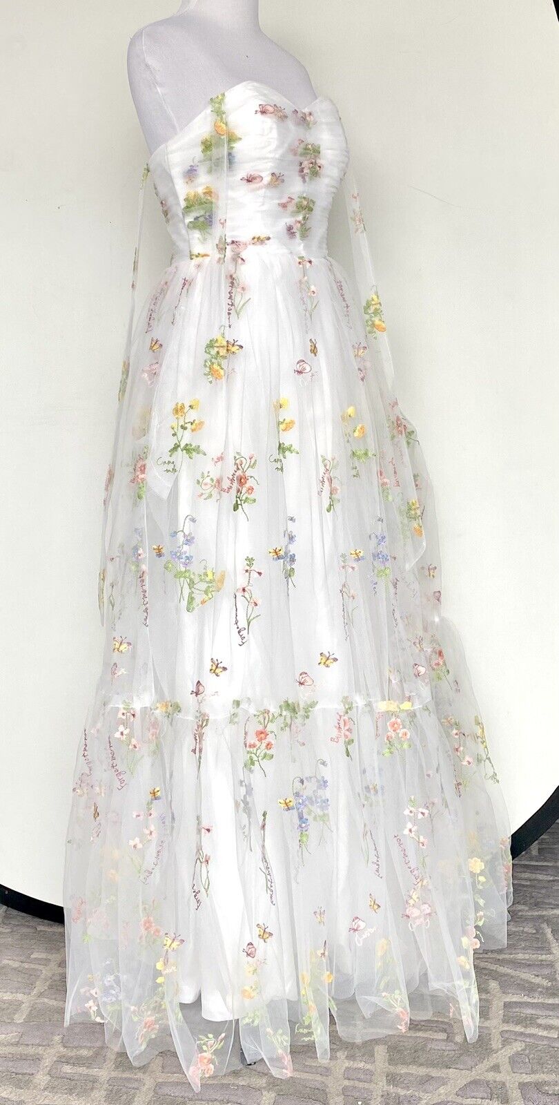 White Net embroidered Ruched Bodice With Lace Up Back size 4 price $130