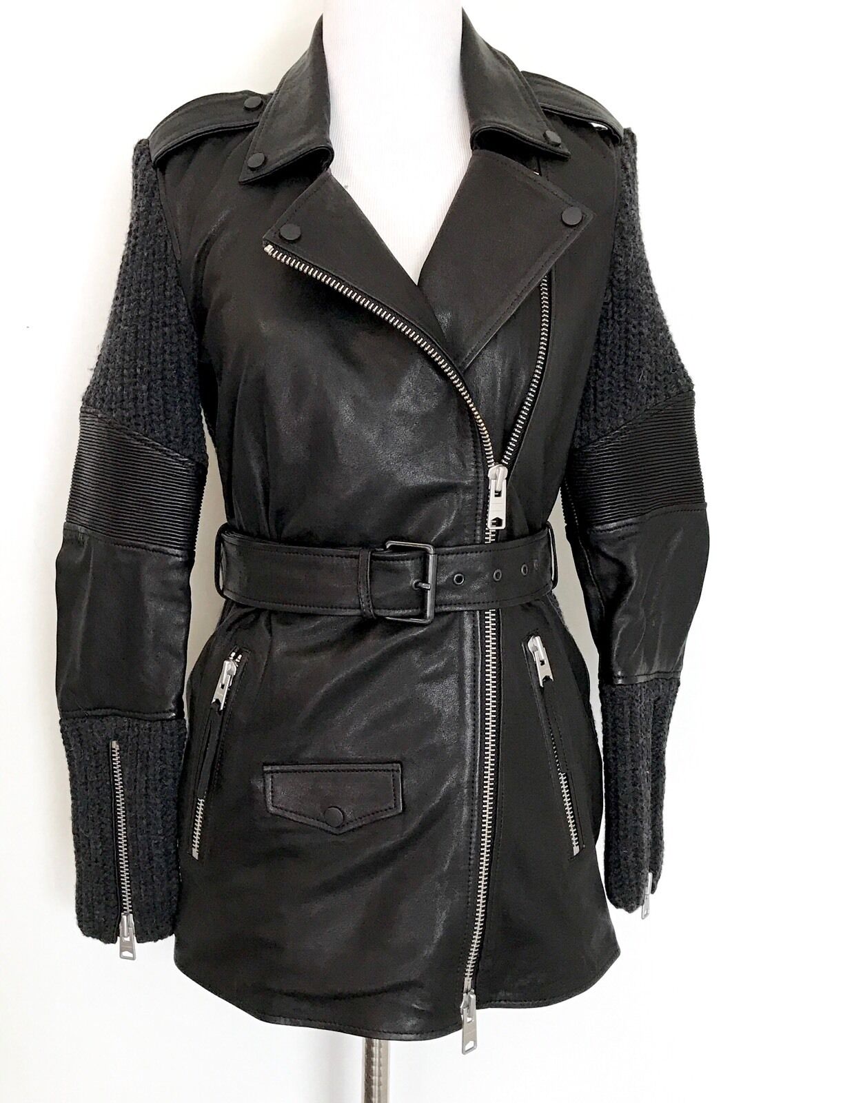 AllSaints Denell Black Leather & Knit Jacket.NWT Retail $725 Price $450 Size 00