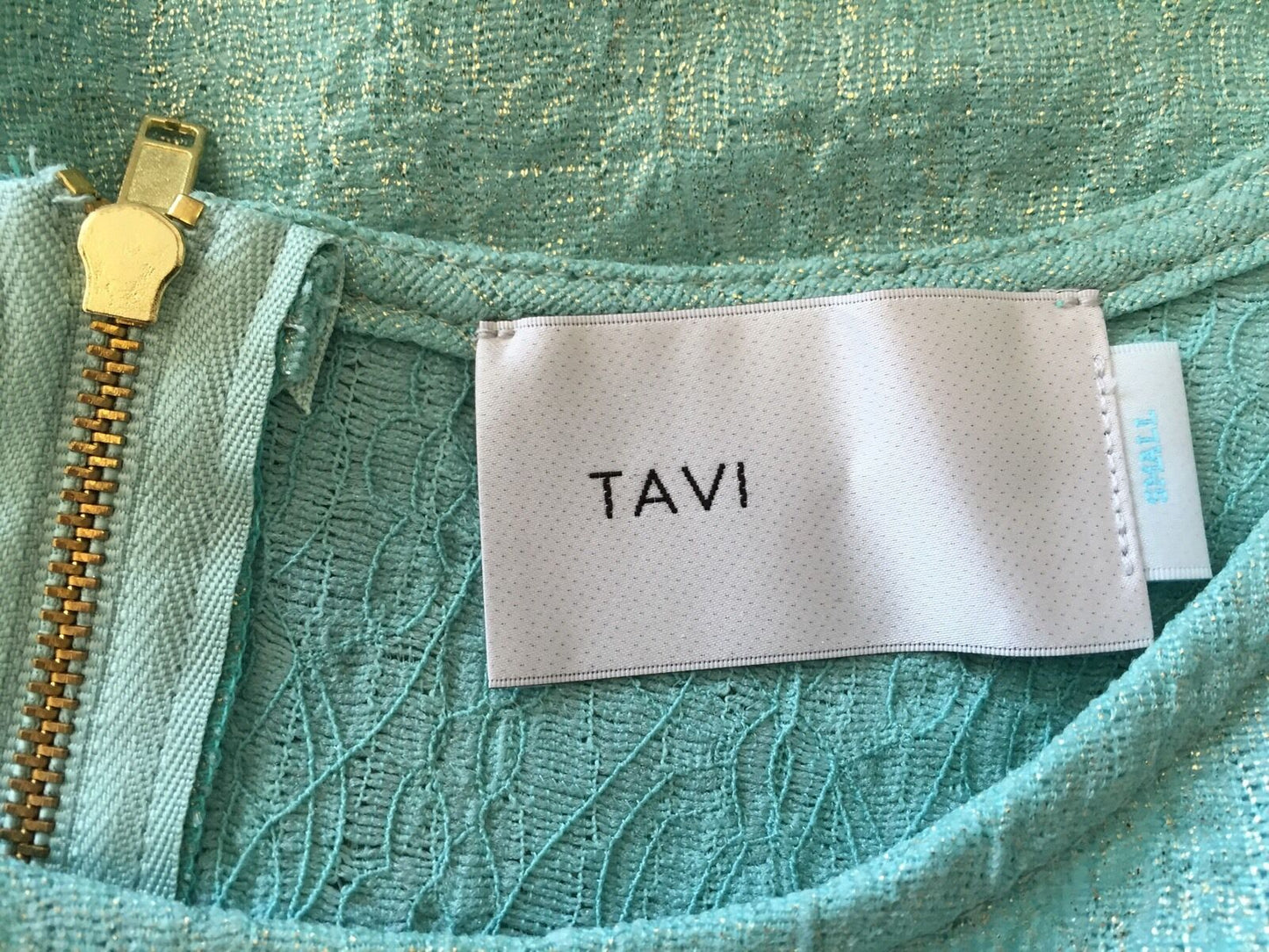 TAVI Pale Green Aqua And Gold Sparkle Top. Zip Detail Size S $28