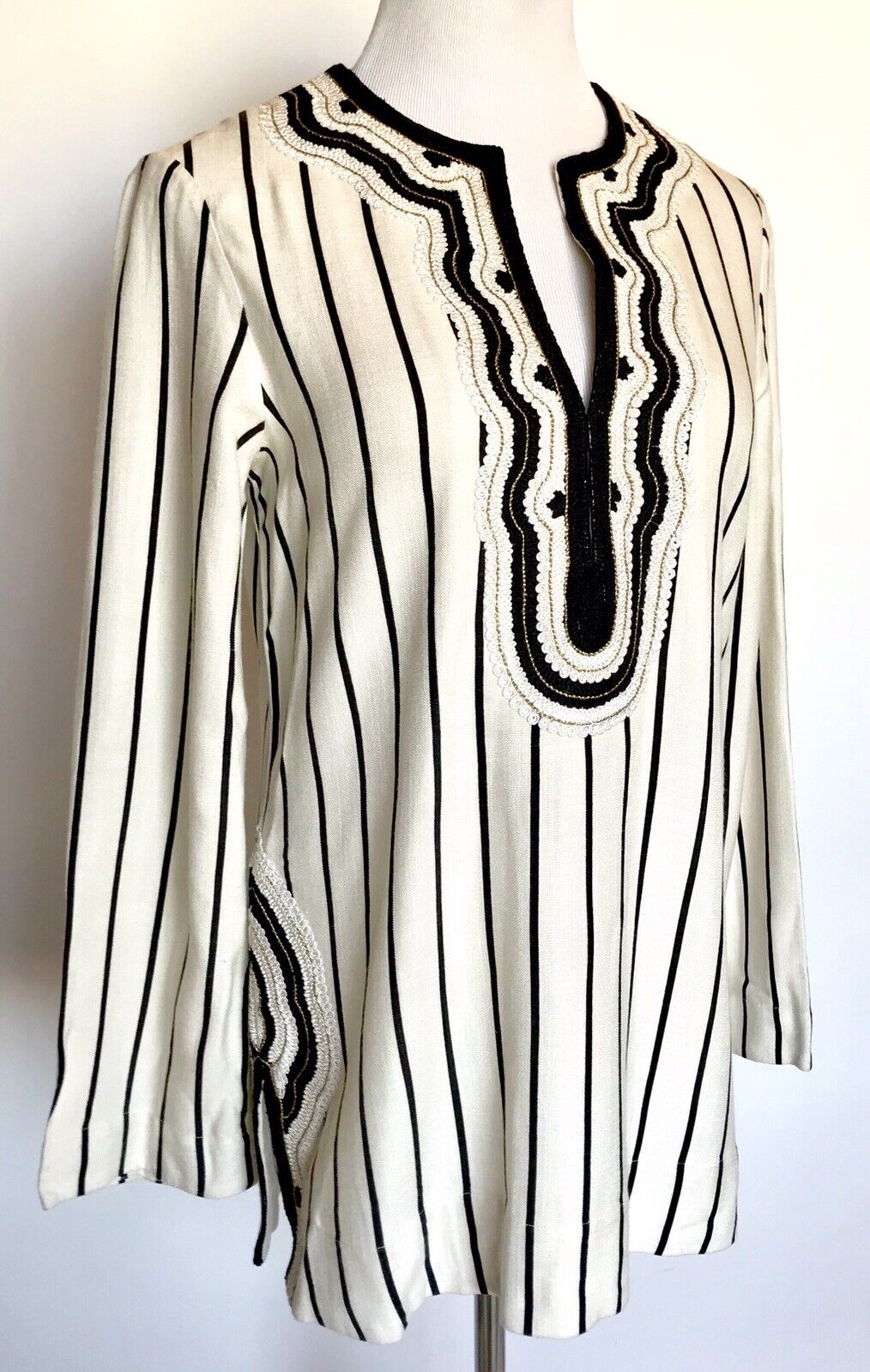 NWT Tory Burch Size 2 Rayon Slub Stripe Tunic Retail 348 Price $198 Embellished