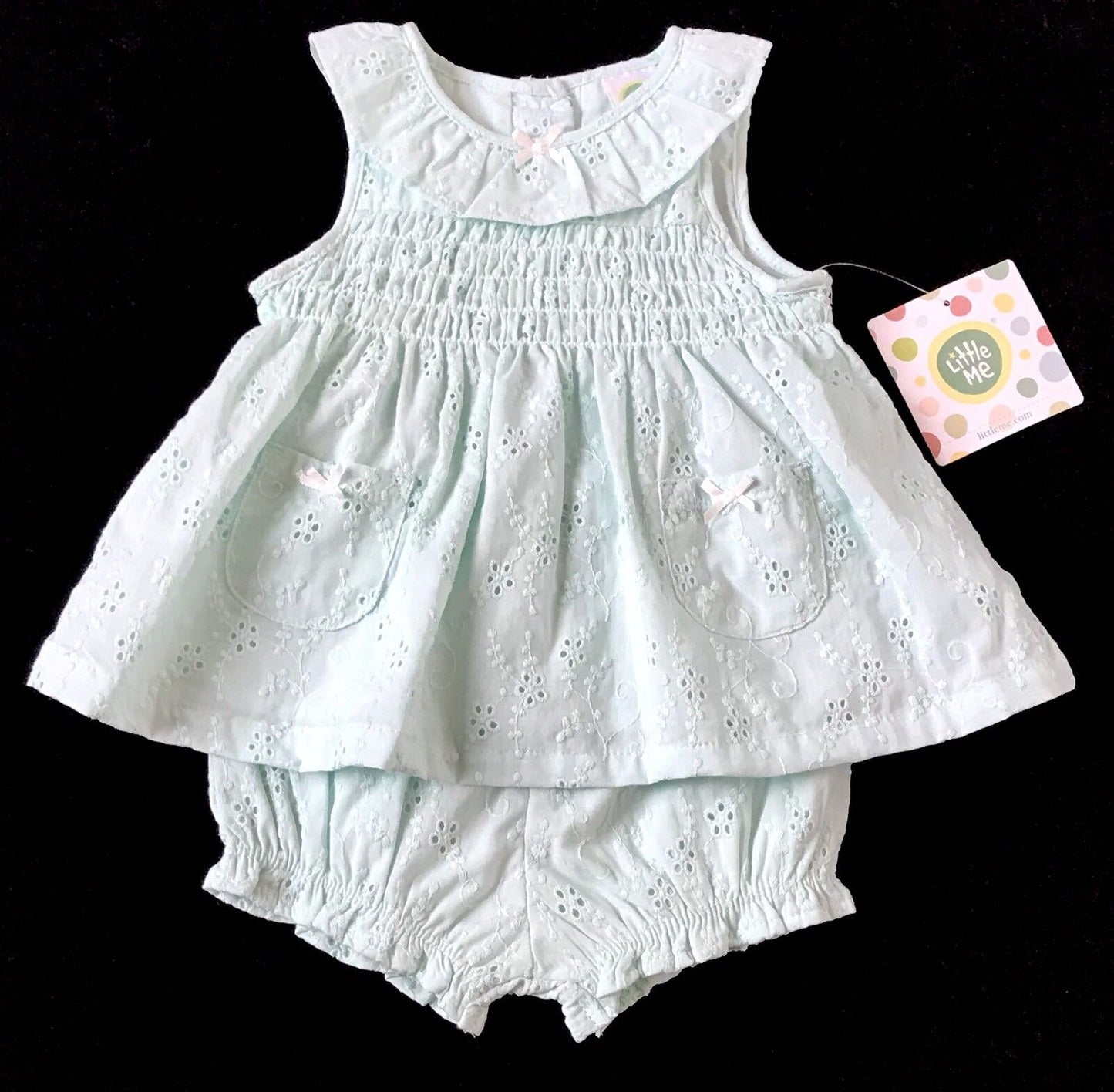 Little Me 2 Pc Mint Sunsuit Dress. Eyelet Smocking. 6 M NWTRetail $36  Price $22