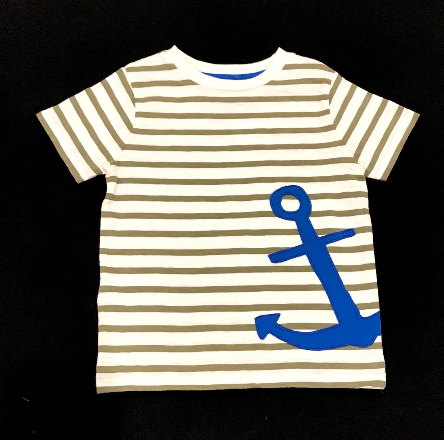 Mini Boden Khaki Stripe Anchor Appliqué Tee. 4-5 Year Retail $30 Price $24 NWT