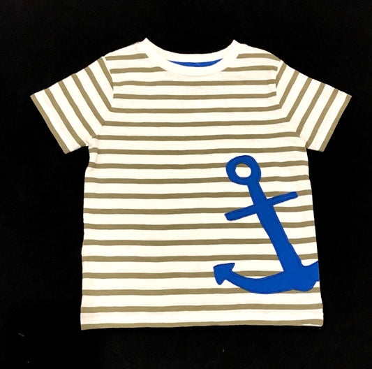 Mini Boden Khaki Stripe Anchor Appliqué Tee. 4-5 Year Retail $30 Price $24 NWT
