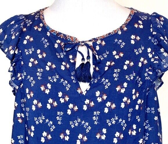 Beltaine Blue Tassel Peasant Boho Blouse Retail $128 Price $29 XS NWT