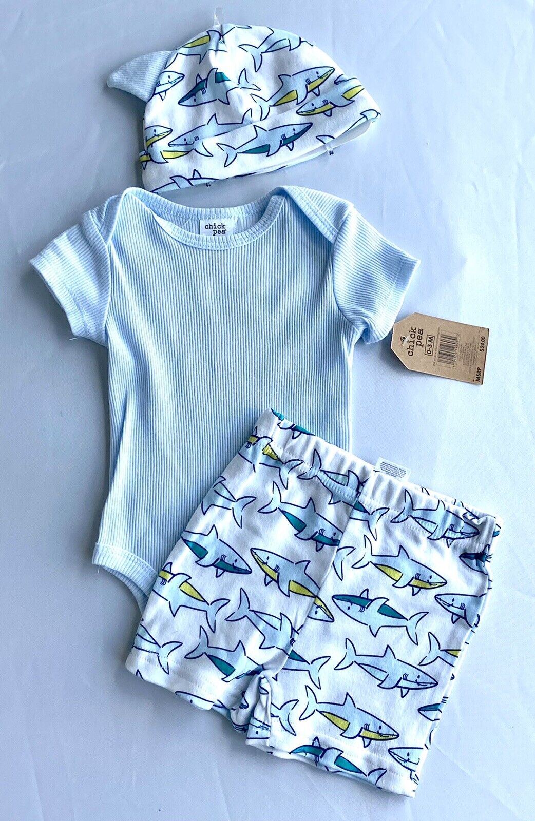 chickpea 3 Pc Set Sharks Retail $24 Price $19 0-3 Months NWT Body Hat Shorts