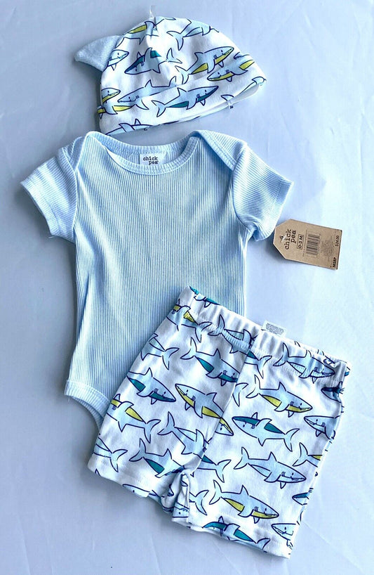 chickpea 3 Pc Set Sharks Retail $24 Price $19 0-3 Months NWT Body Hat Shorts