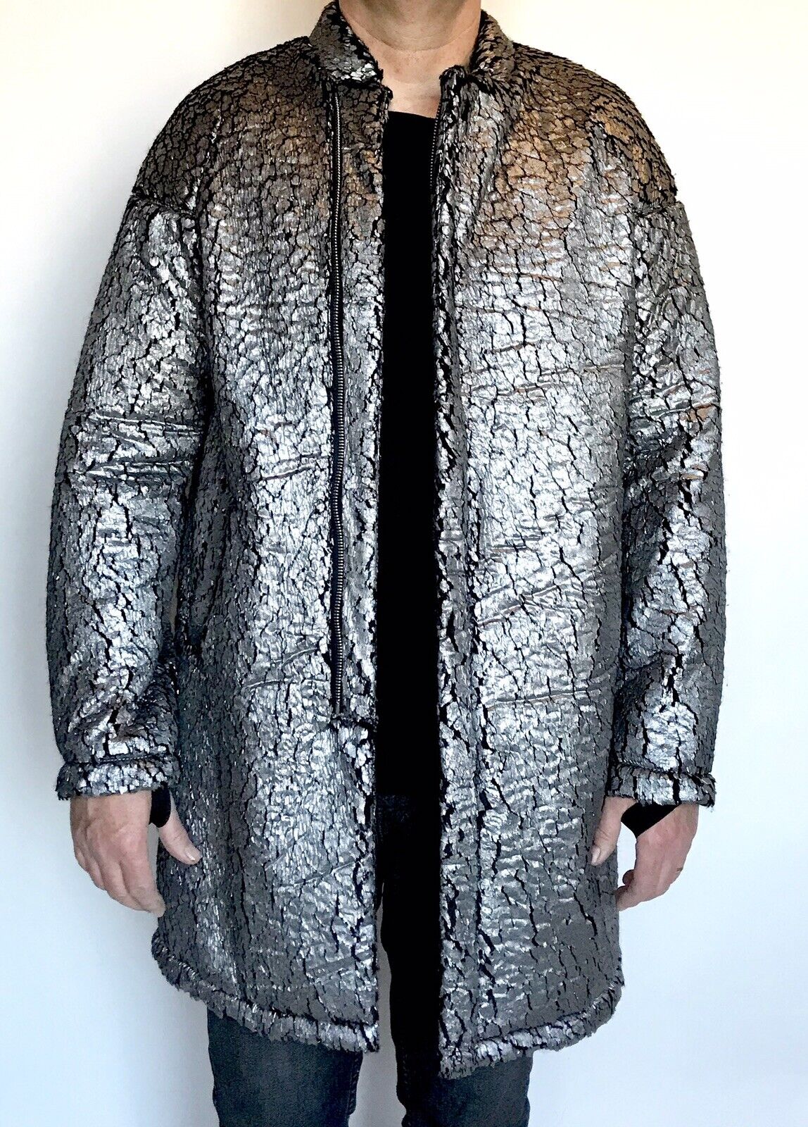 Helmet Lang Silver Foil Faux Fur Sherpa Coat. Retail $1,125 Price $575 NWT M/L