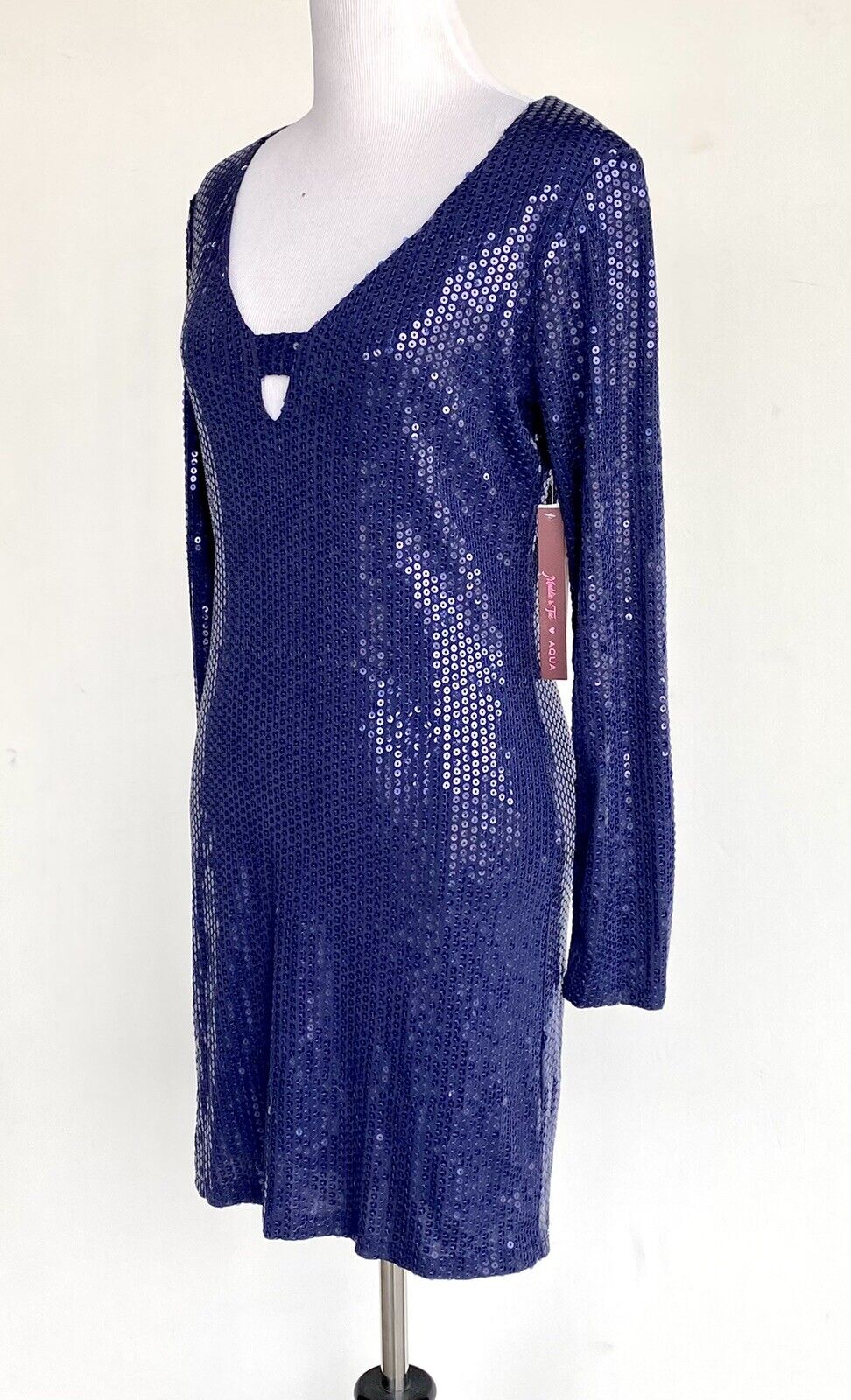 Aqua Navy Sequin V Neck Long Sleev Dress M Retail $138 Price $49